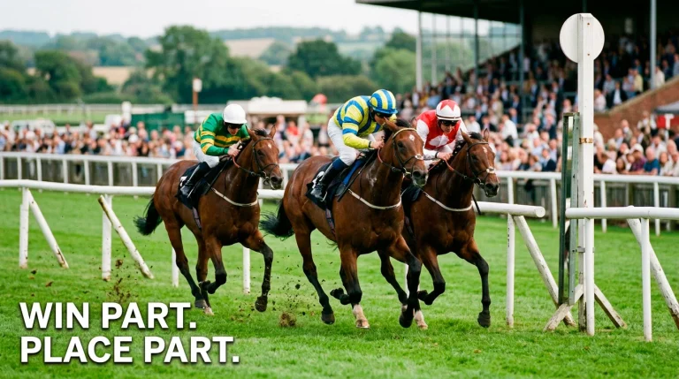 Each-way round robin in horse racing — three horses racing towards the finish line at a UK racecourse