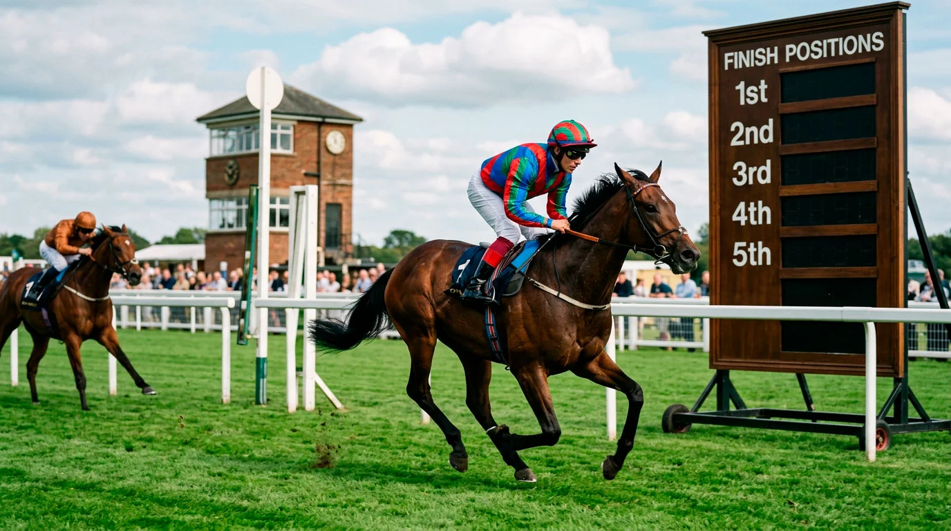 A jockey in colourful silks riding a horse past the finishing post with a place marker board visible at a British racecourse