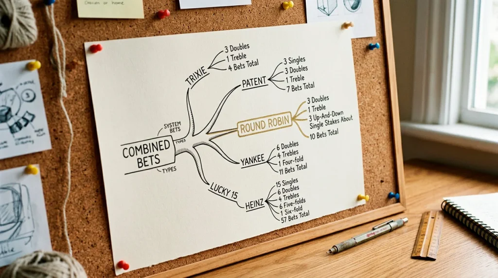 Family tree diagram of full cover bets from Trixie to Heinz with round robin highlighted