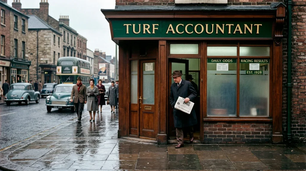 Historic British high-street betting shop storefront from the 1960s era