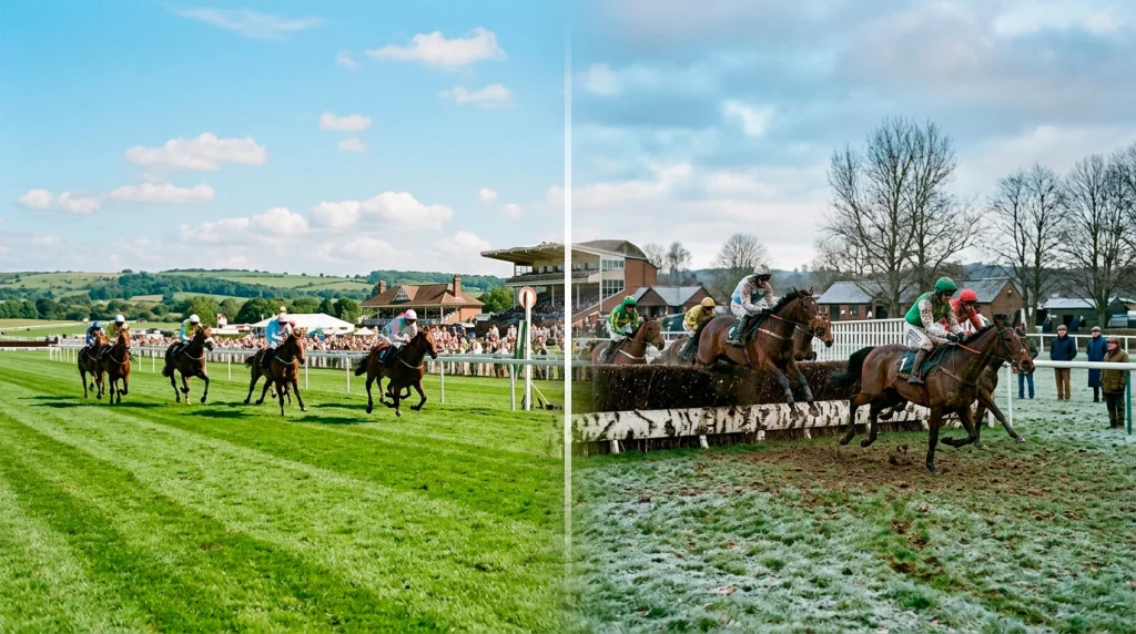 British racecourse across four seasons showing flat and jump racing calendars