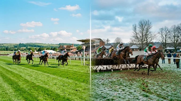 British racecourse across four seasons showing flat and jump racing calendars