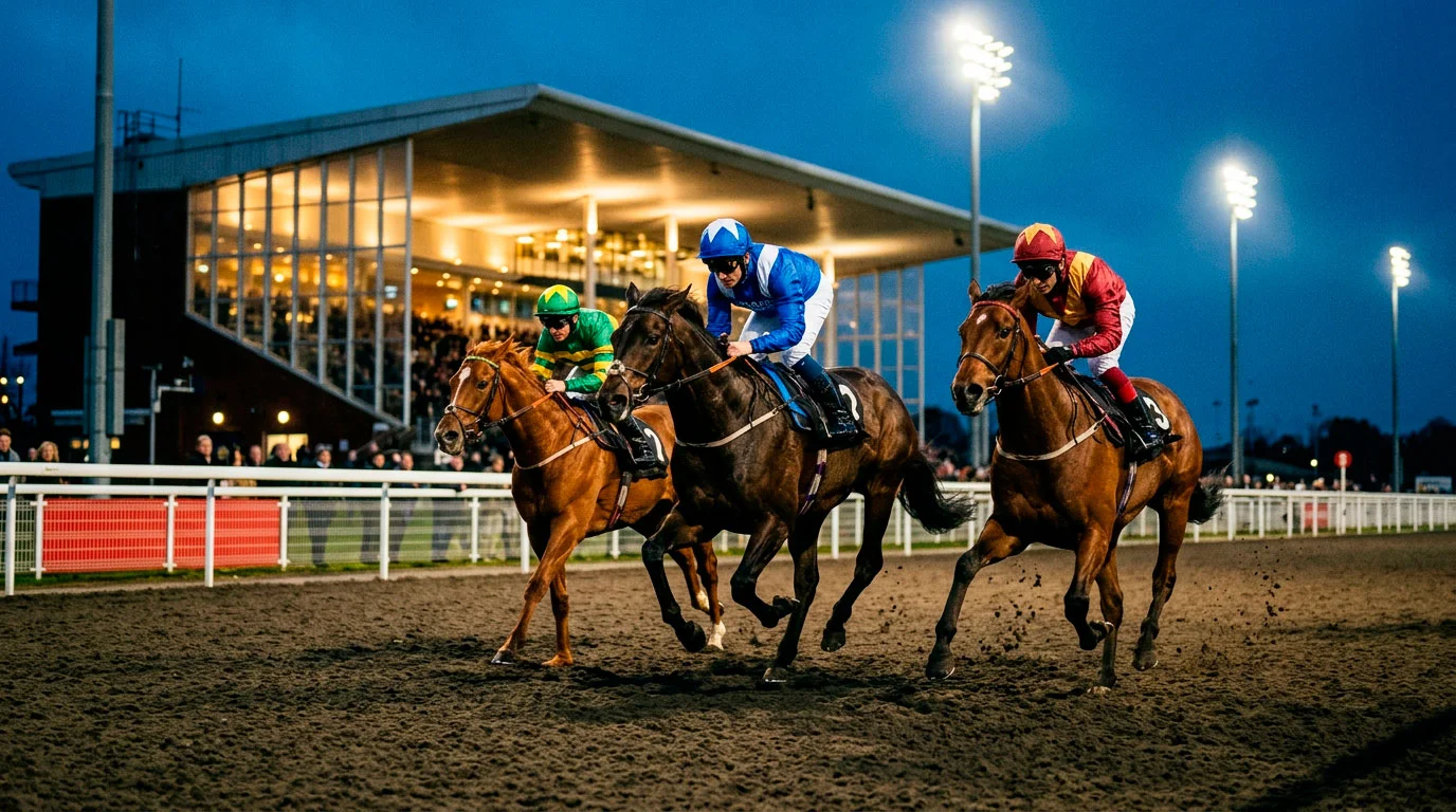 Three horses racing side by side on an all-weather track at Kempton Park with floodlights in the background