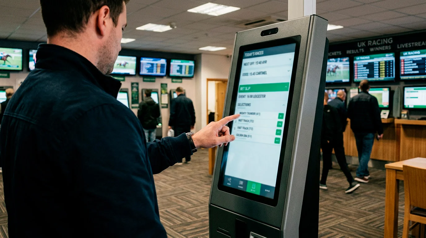 A person using a self-service betting terminal touchscreen inside a high-street betting shop