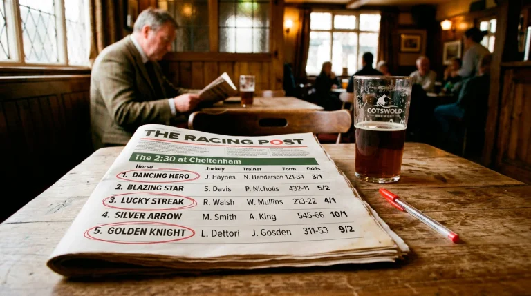 Close-up of a horse racing newspaper race card with highlighted selections