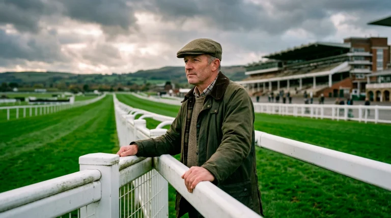Thoughtful bettor weighing the pros and cons of a round robin bet at a racecourse