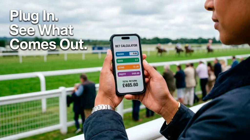 Round robin bet calculator — hand holding a smartphone with a betting returns screen at a racecourse