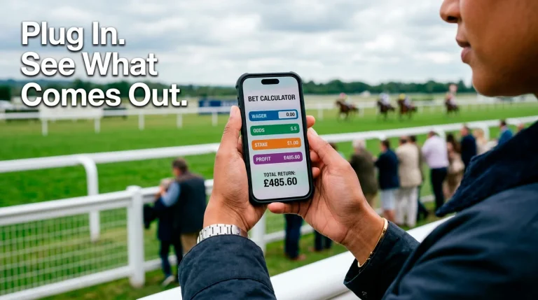 Round robin bet calculator — hand holding a smartphone with a betting returns screen at a racecourse
