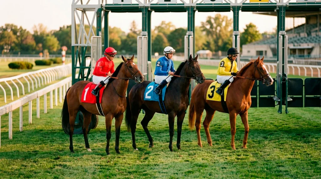 Round robin bet example with three racehorses at the starting gate