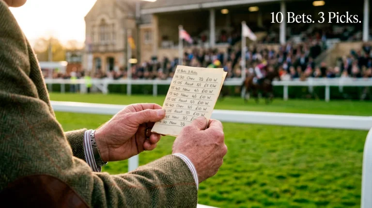 Round robin bet explained — punter studying a betting slip with ten marked lines at a British racecourse