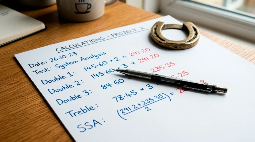 Detailed round robin bet returns breakdown on a handwritten worksheet