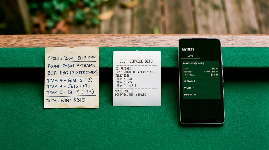 Three types of bet slips for round robin — paper, terminal screen, and smartphone
