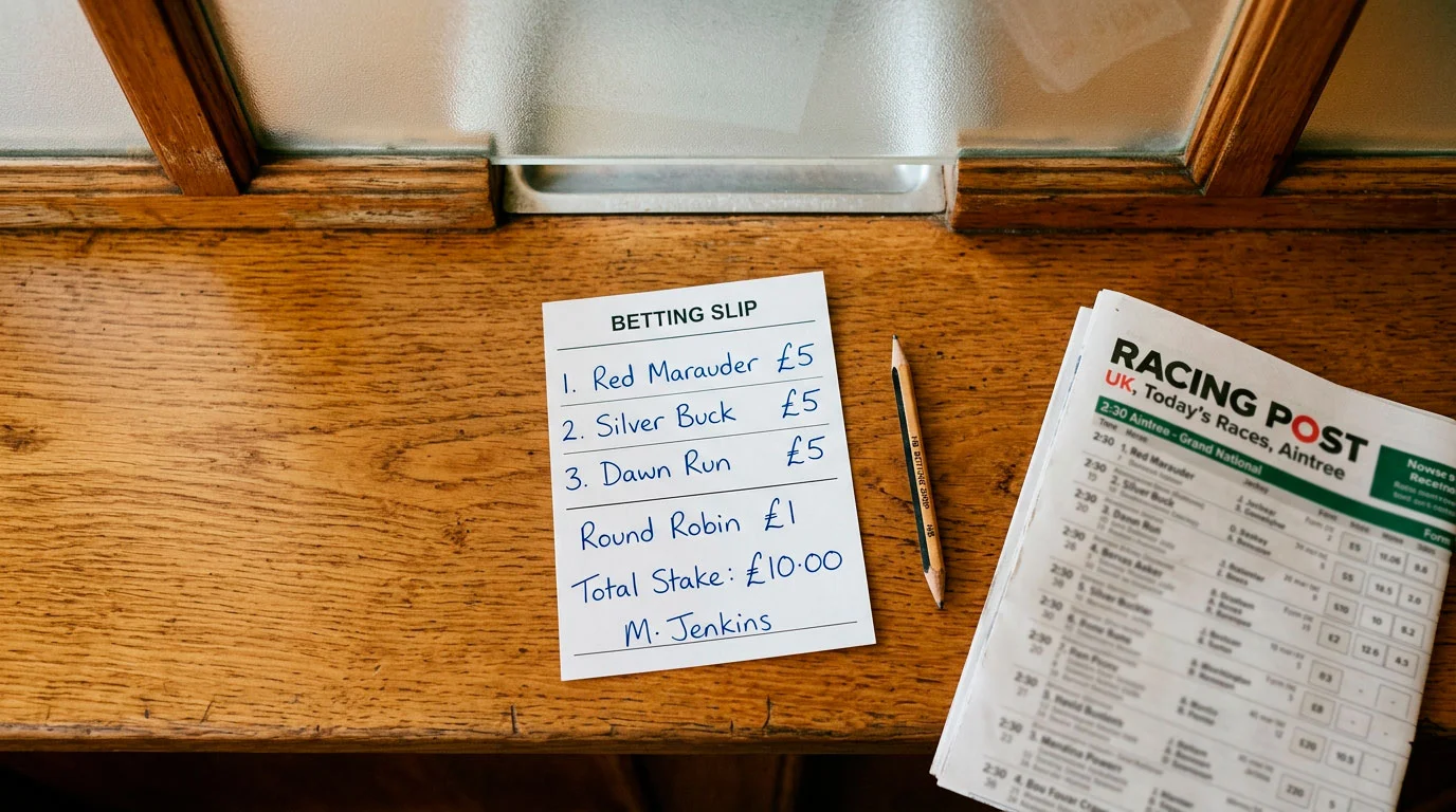 A betting shop counter with a handwritten paper slip showing three horse racing selections and a round robin instruction