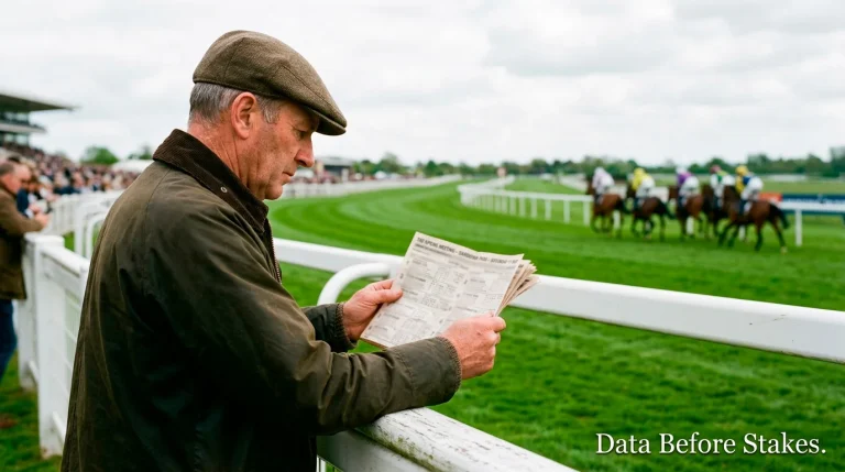 Round robin betting strategy for horse racing — racegoer studying a race card with a green turf track behind