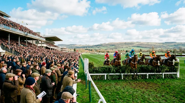 Cheltenham Racecourse grandstand on a festival day for round robin betting