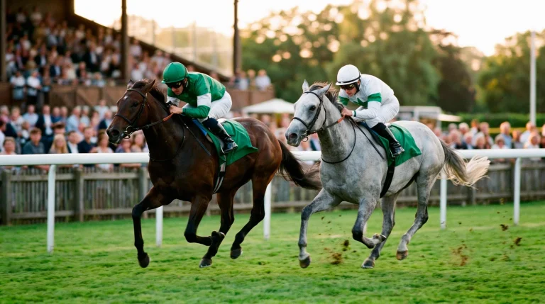 Two racehorses neck and neck representing a doubles bet in a round robin