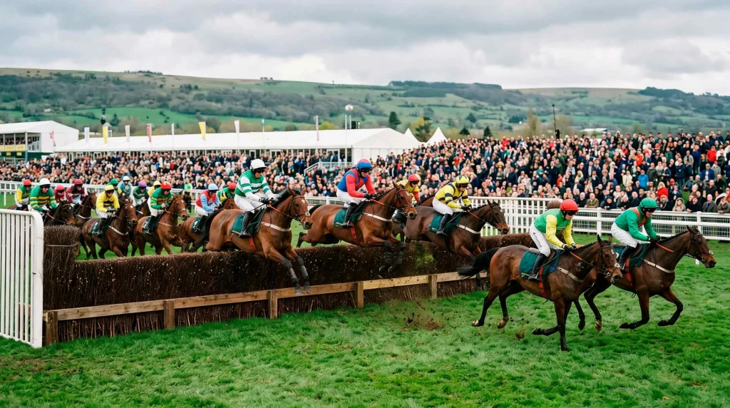 Large field of runners jumping a famous fence at Aintree for the Grand National