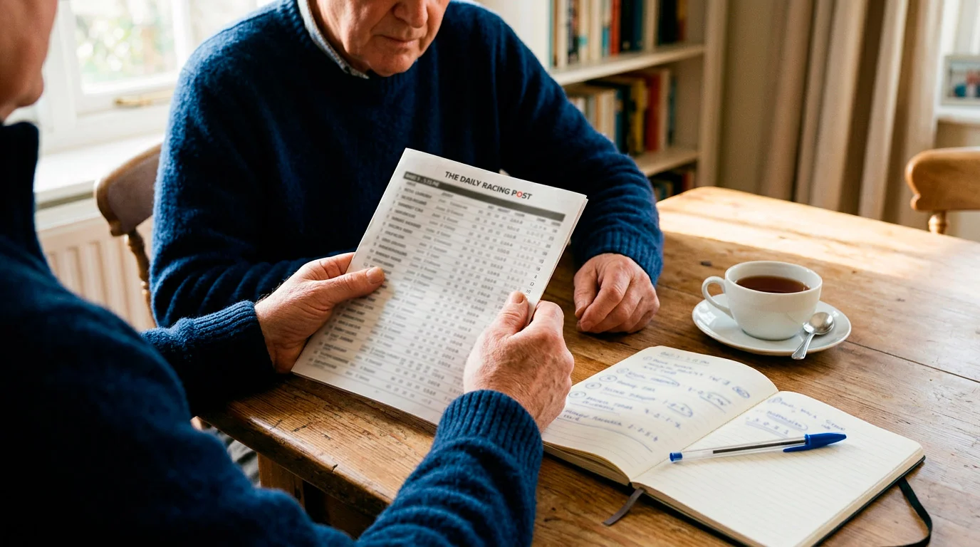 A person studying a horse racing form guide and race card with a notebook and pen on a table