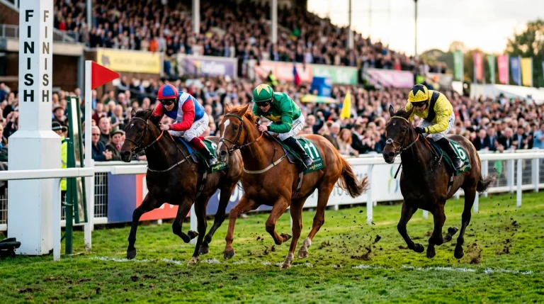 Three racehorses crossing the finish line together representing a treble bet