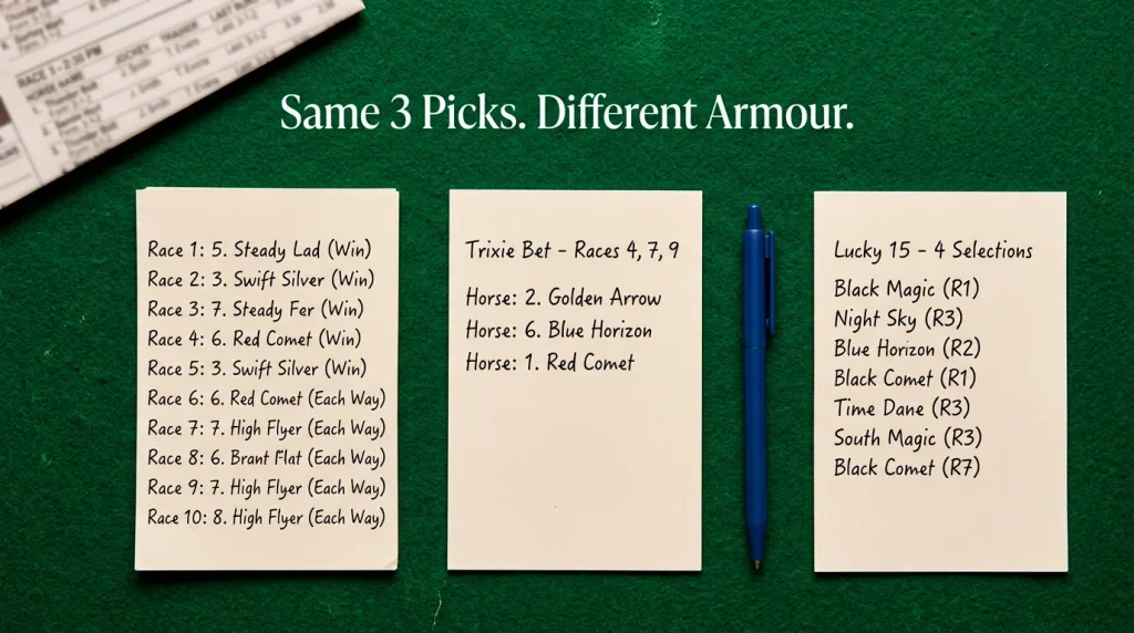 Round robin vs Trixie vs Patent — three betting slips side by side on a racecourse counter