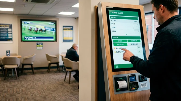 Self-service betting terminal in a British betting shop displaying a round robin option