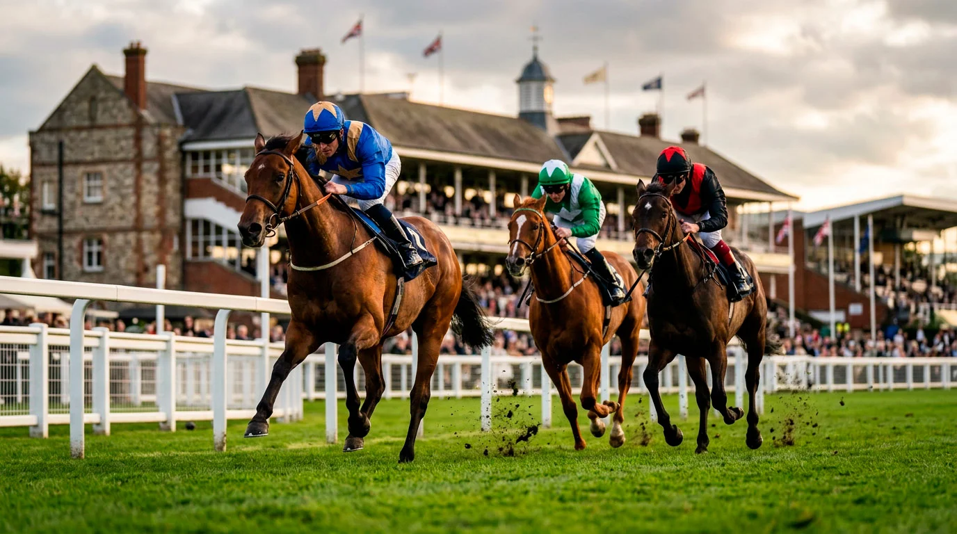 Three thoroughbred racehorses in a close finish at a British racecourse with green turf and white railings