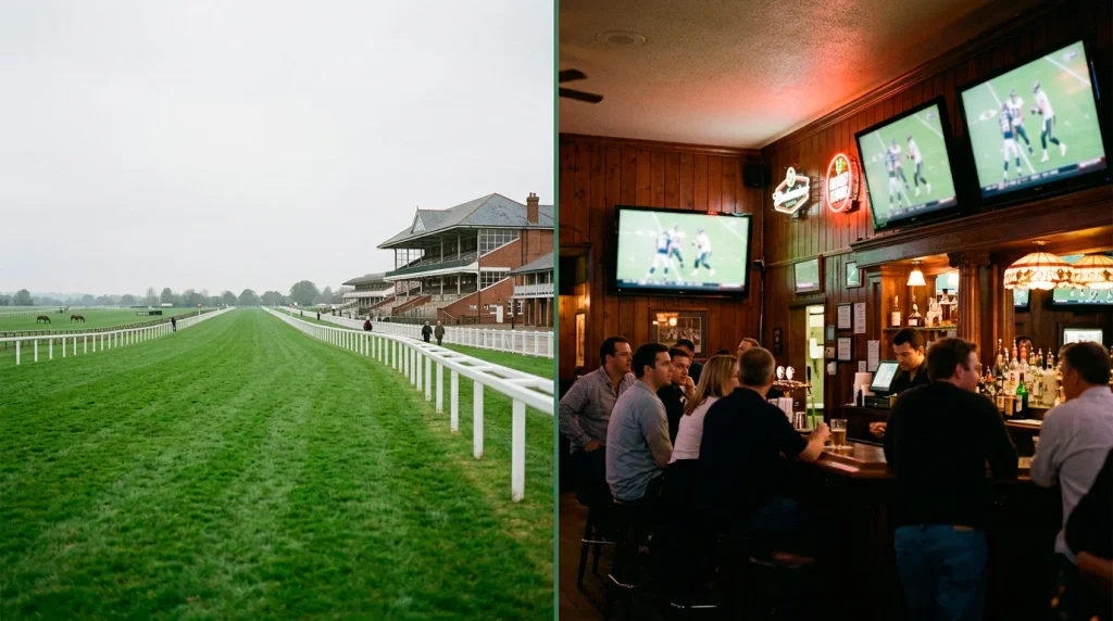 British racecourse on one side and American sportsbook on the other showing round robin differences