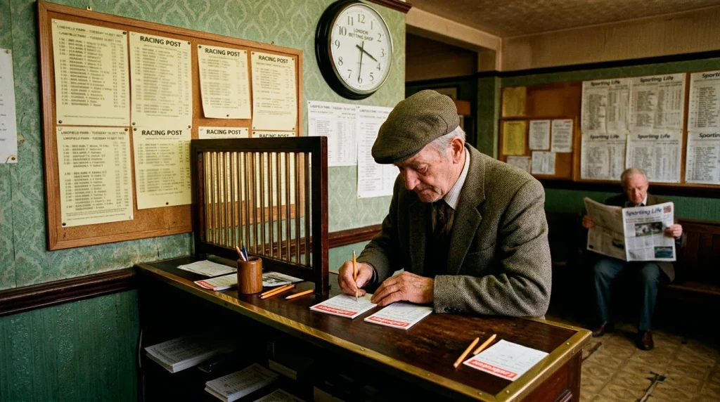Vintage British betting shop interior representing the history of up-and-down bets
